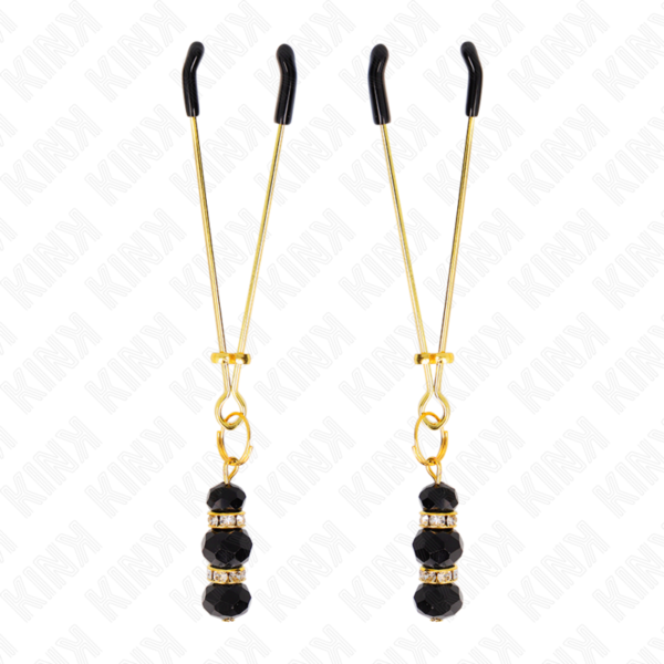 KINK - PINÇAS FINAS DOURADAS COM 3 CONTAS DE VIDRO PRETAS 7 CM - Image 2