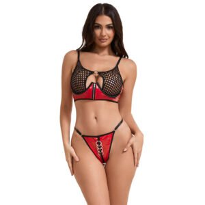 SUBBLIME - 955540 CONJUNTO DE SUTIÃ DE COURO VERMELHO COM ZÍPER DE MALHA L/XL