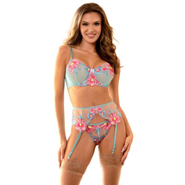 SUBBLIME - 957643 CONJUNTO DE SUTIÃ E CINTO-LIGA BORDADO COM FLORES ROSA S/M