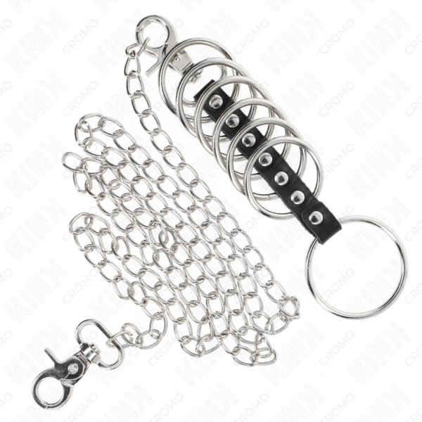 KINK - 7 ANÉIS DE METAL DE 3,8 CM A 5 CM CONECTADOS COM COURO E CORRENTE DE METAL 100 CM - Image 4