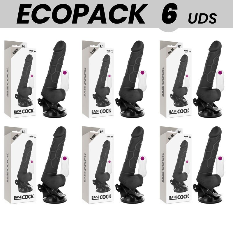 ECOPACK 6 UNIT - BASECOCK VIBRADOR REALISTA CONTROLE REMOTO PRETO COM TESTÍCULOS 19.5 CM -O- 4 CM