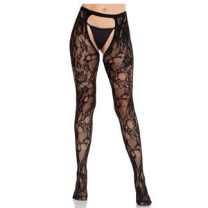 LEG AVENUE - MEIAS DE RENDA ROSA COM COSTAS ABERTAS PRETAS