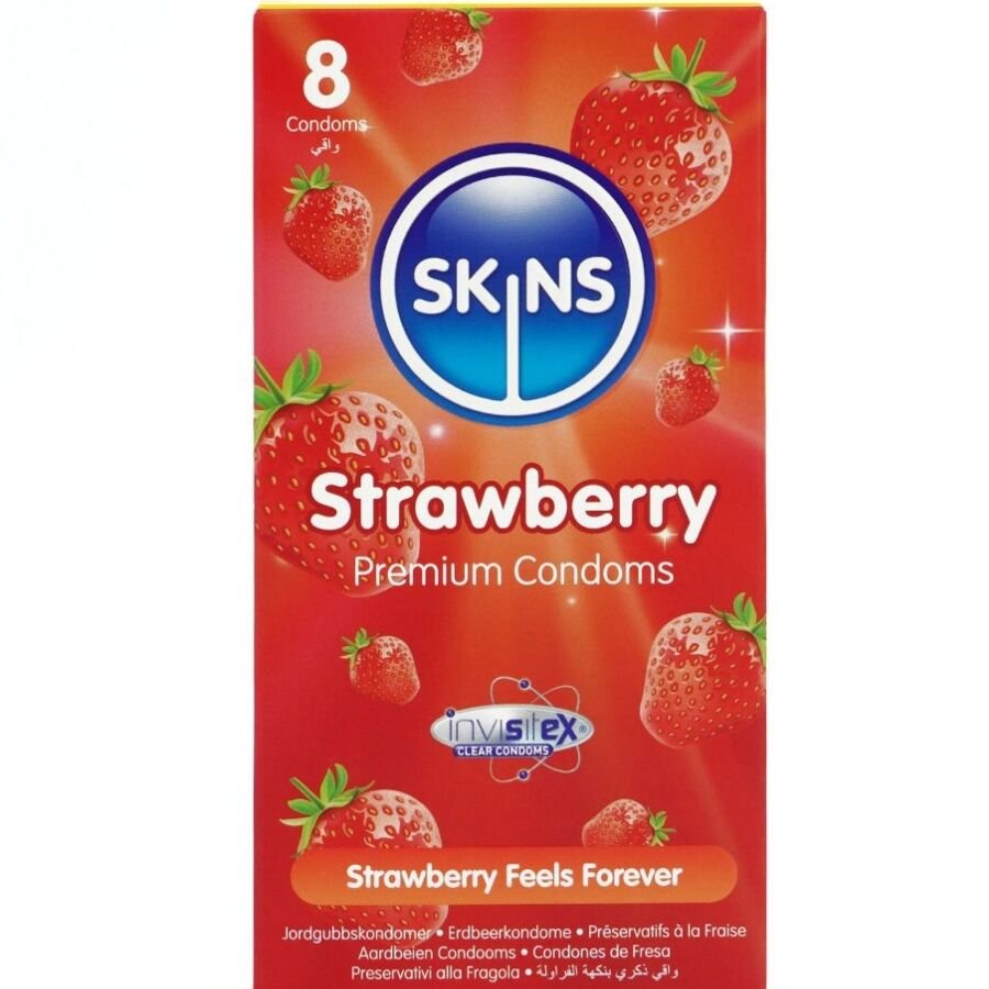 SKINS - PRESERVATIVOS PREMIUM DE MORANGO - PACOTE COM 8