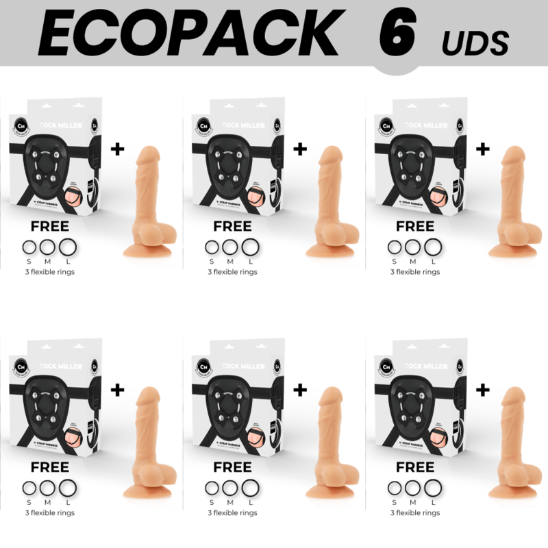 ECOPACK 6 UNIDADES - COCK MILLER ARNÊS + DILDO SILICONE DENSIDADE ARTICULVEL COCKSIL 13 CM