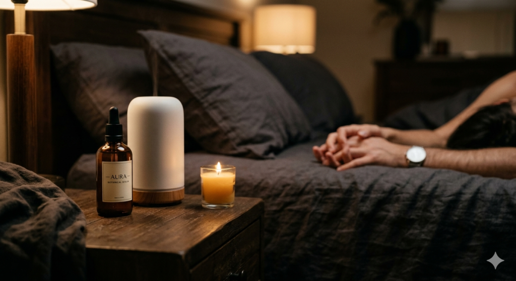 Ambiente romântico à luz das velas focado no bem-estar íntimo e sedução de um casal.