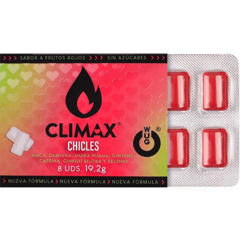 WUG Climax - Goma de mascar funcional com Maca, Damiana e Ginseng para aumentar o desejo e a vitalidade íntima. Cartela com 8 unidades. - Image 2