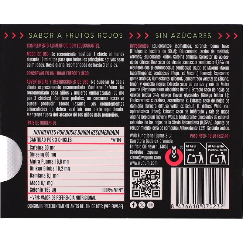 WUG Climax - Goma de mascar funcional com Maca, Damiana e Ginseng para aumentar o desejo e a vitalidade íntima. Cartela com 8 unidades. - Image 4