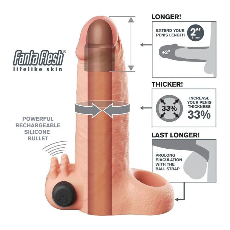 FANTASY X-TENSIONS - MANGA EXTENSORA DE PÊNIS VIBRATÓRIA COM SENSAÇÃO REALISTA DE 5CM BEGE - Image 4