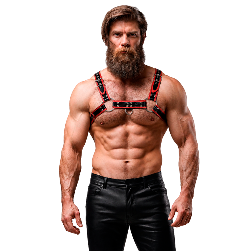 FETISH SUBMISSIVE ATTITUDE™ - ARNÊS DE PEITO DE COURO ECO MASCULINO PRETO/VERMELHO - Image 5