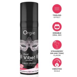 ORGIE - DUAL VIBE! VIBRADOR LÍQUIDO BEIJÁVEL COM SABOR DE MORANGO, GIN TÔNICA, 15 ML