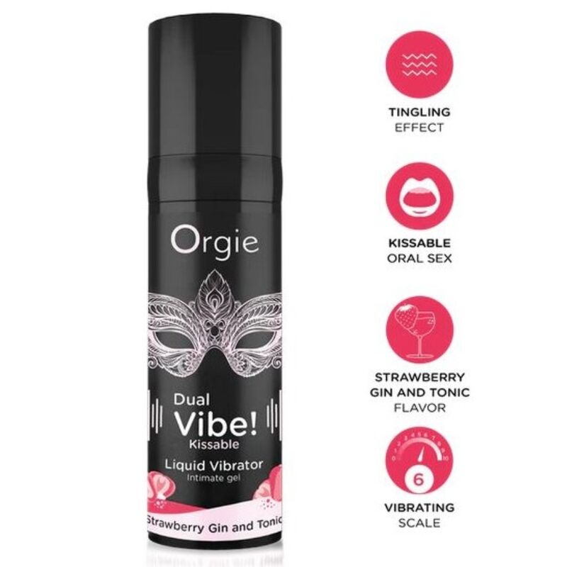 ORGIE - DUAL VIBE! VIBRADOR LÍQUIDO BEIJÁVEL COM SABOR DE MORANGO, GIN TÔNICA, 15 ML