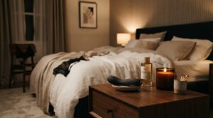 Casal a renovar o prazer a dois no quarto com brinquedos sexuais e óleos de massagem da Viril.