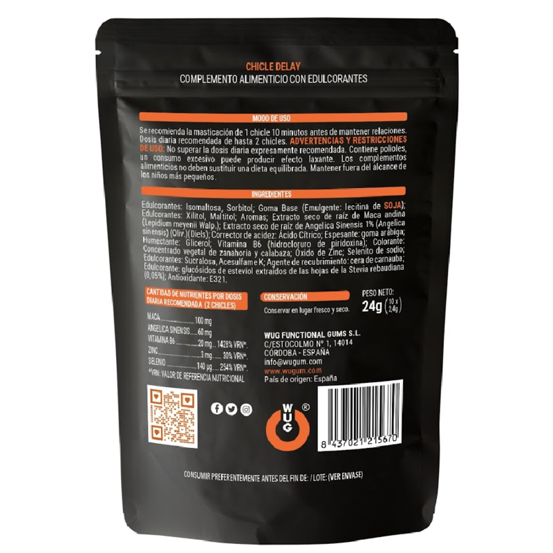 WUG DELAY – Goma de mascar funcional com zinco, selênio e vitamina B6 para maior controle e resistência durante momentos íntimos. - Image 2