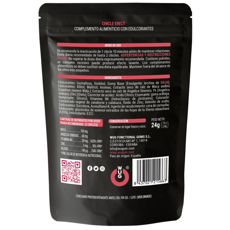 WUG ERECT – Goma de mascar funcional com Maca, Zinco e Vitaminas para aumentar a energia e o desempenho masculino. - Image 2